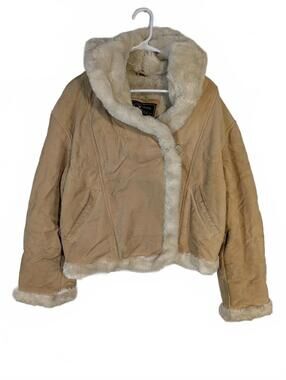 Express Genuine Leather Shearling Lined Jacket Beige Cozy Winter Women Small
